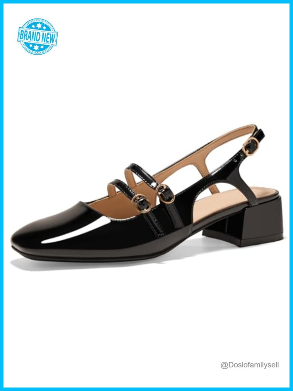 Mary Jane Chunky Low Block Heels Slingback Pumps Closed Square Toe Double Strap